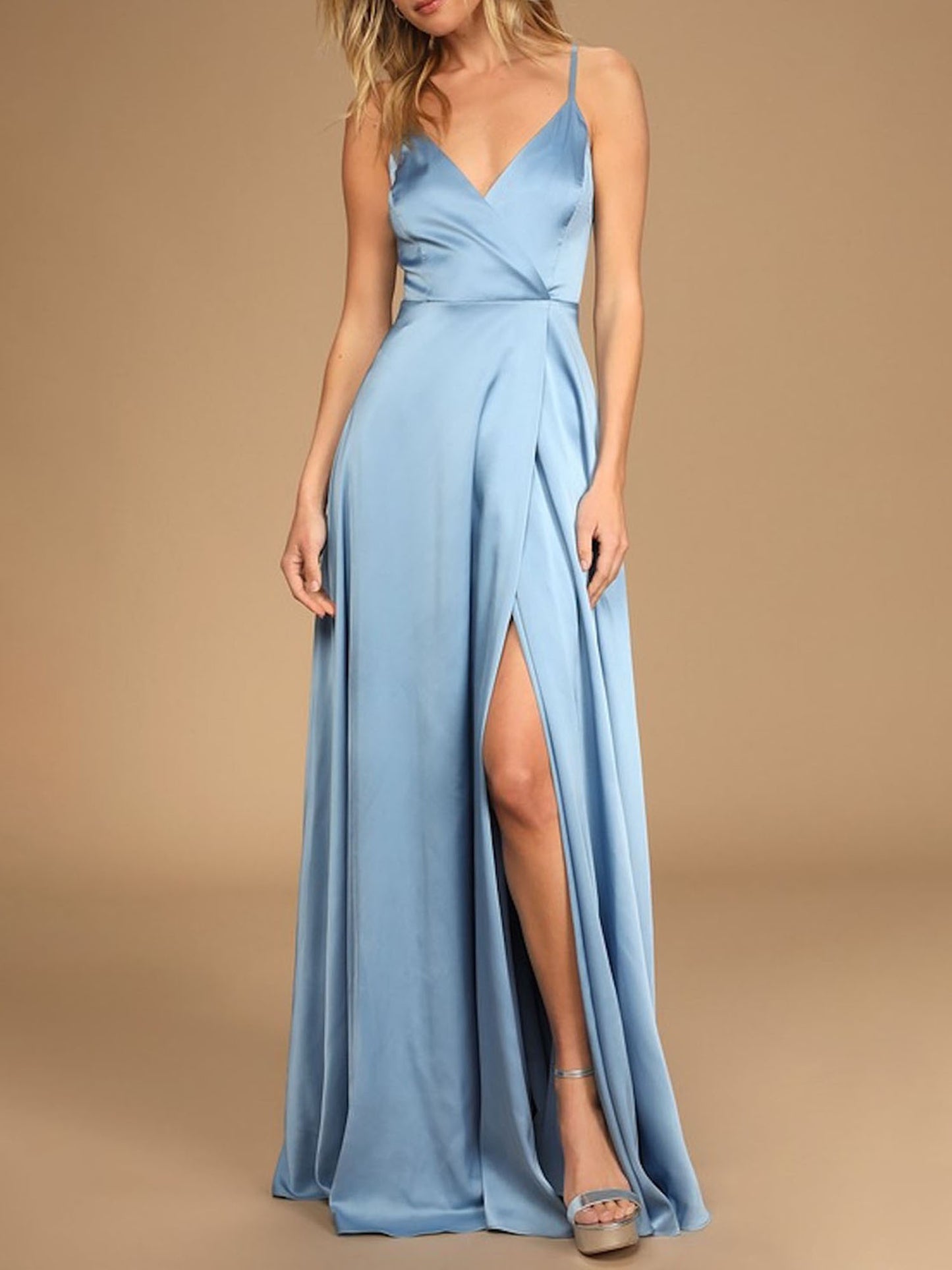 Stretch Satin A-Line V-Neck Sleeveless Bridesmaid Dress-MB13788