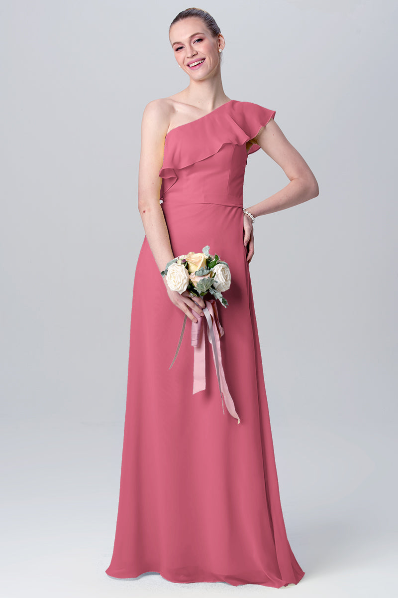 Chiffon Column One Shoulder Sleeveless Bridesmaid Dress-MB0113106