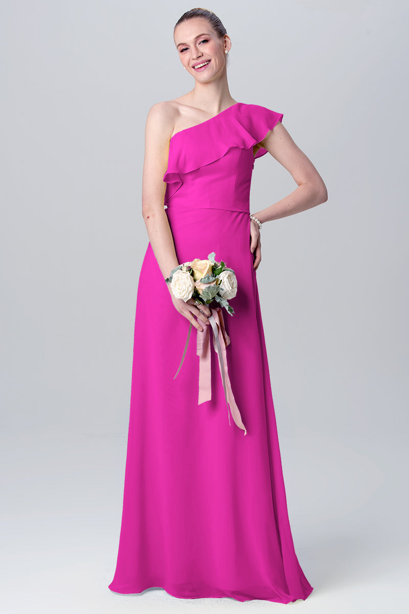 Chiffon Column One Shoulder Sleeveless Bridesmaid Dress-MB0113106