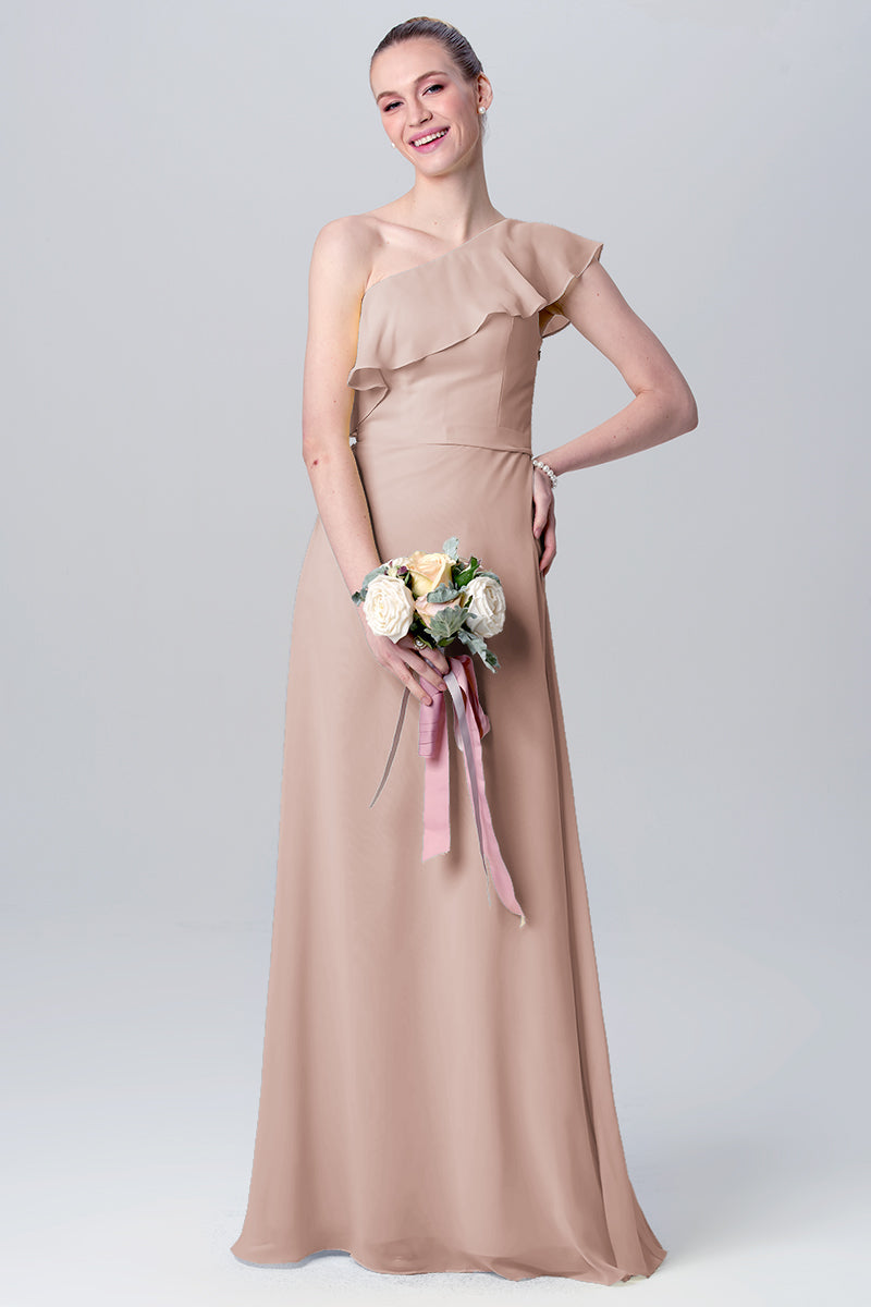 Chiffon Column One Shoulder Sleeveless Bridesmaid Dress-MB0113106