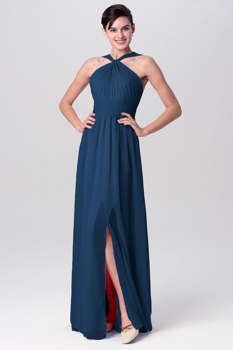 Chiffon Column Criss Cross Straps Sleeveless Bridesmaid Dress-MB0113116