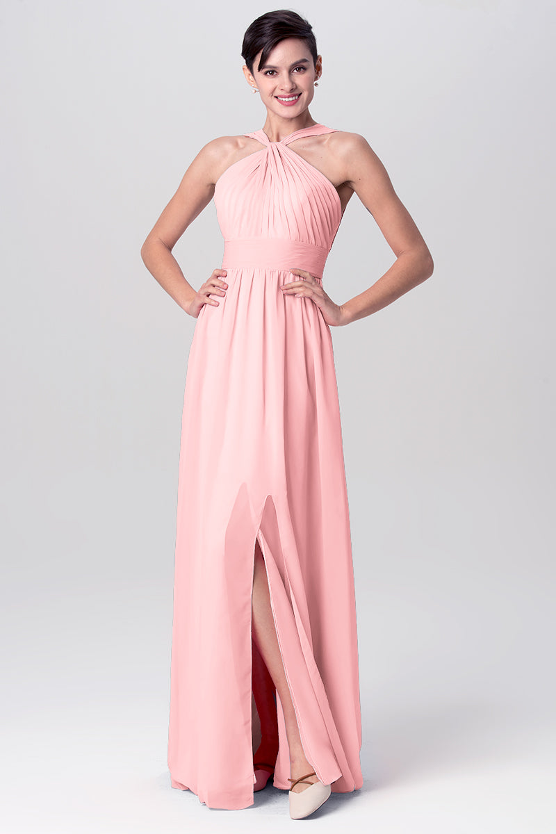 Chiffon Column Criss Cross Straps Sleeveless Bridesmaid Dress-MB0113116
