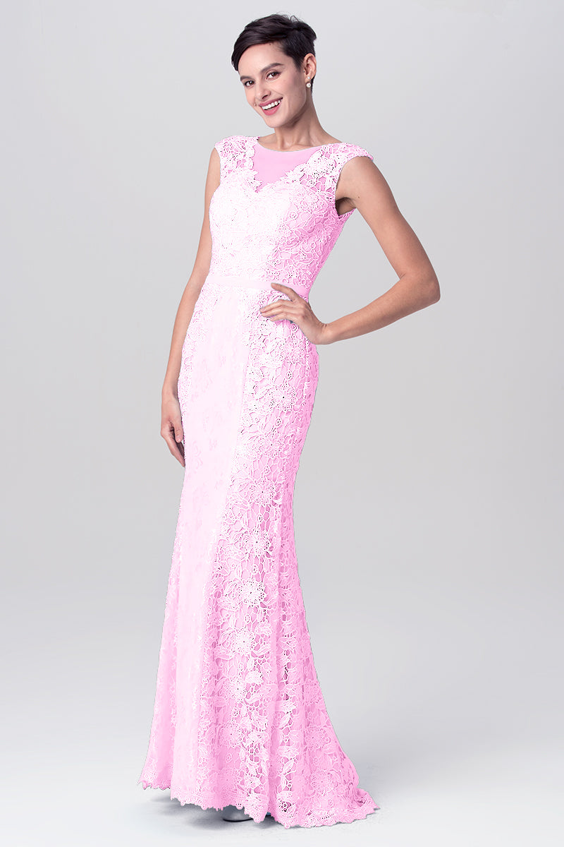 Lace Column Scoop Neck Sleeveless Bridesmaid Dress-MB0113115