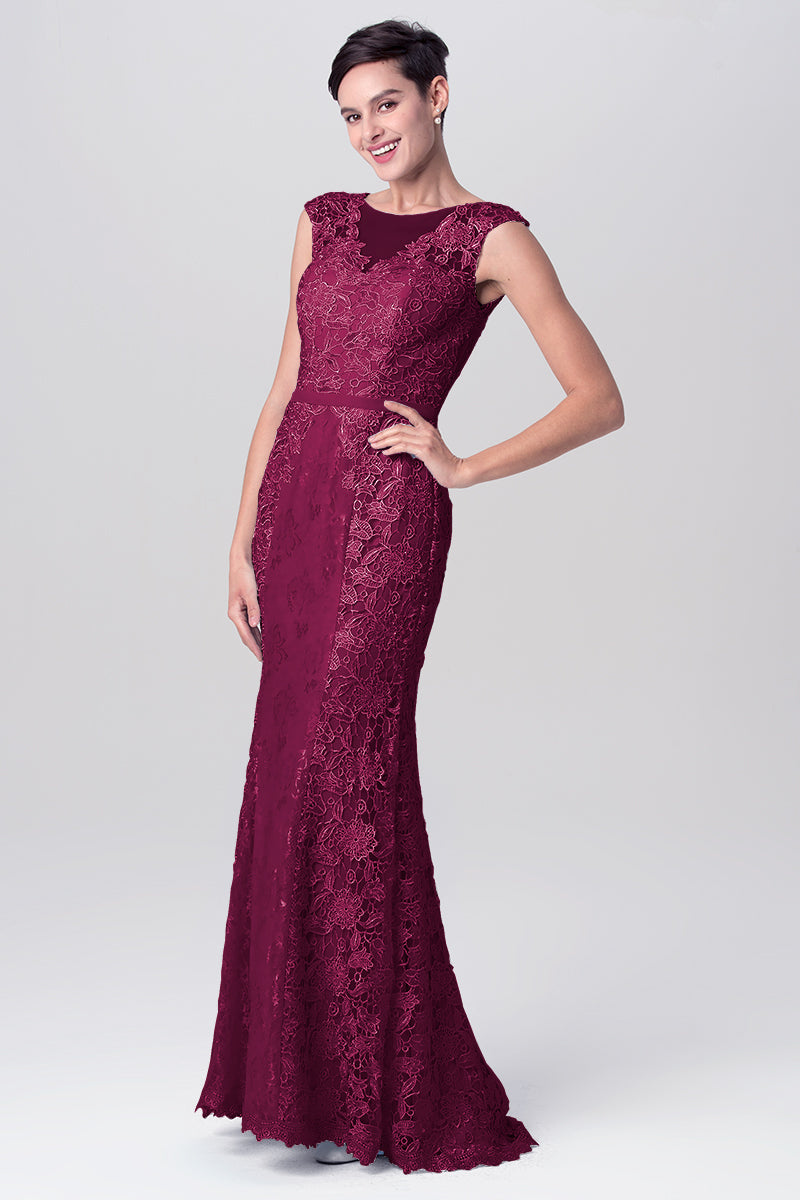 Lace Column Scoop Neck Sleeveless Bridesmaid Dress-MB0113115