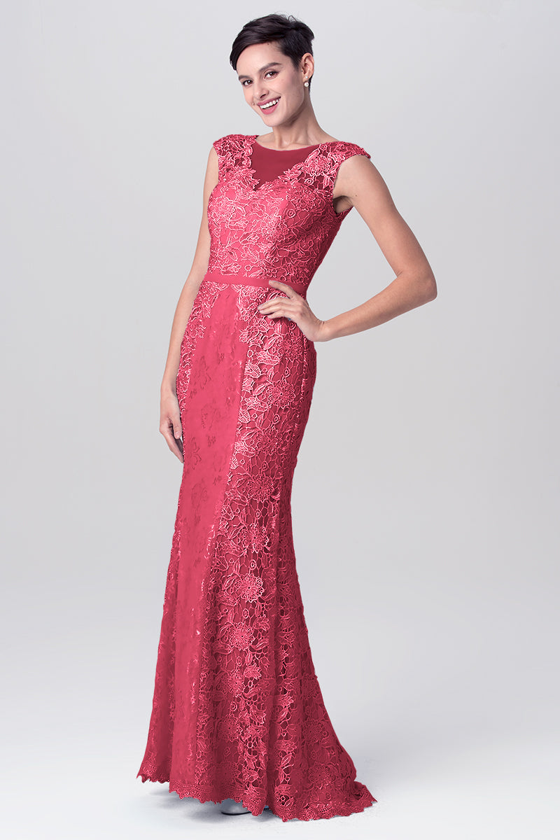 Lace Column Scoop Neck Sleeveless Bridesmaid Dress-MB0113115