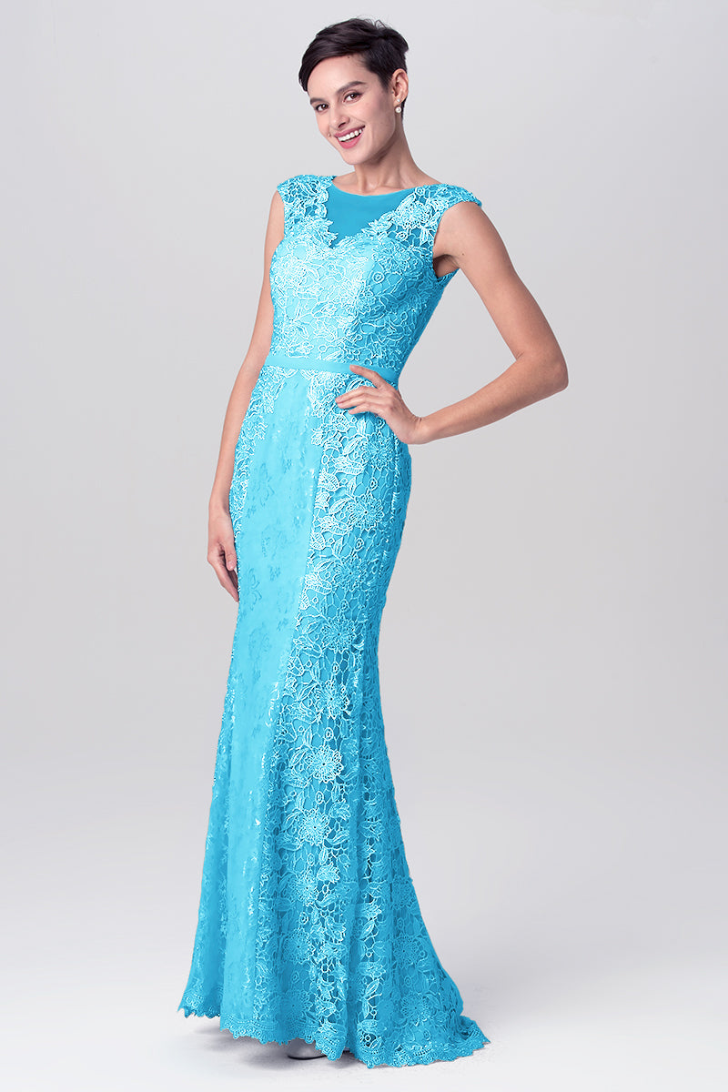 Lace Column Scoop Neck Sleeveless Bridesmaid Dress-MB0113115