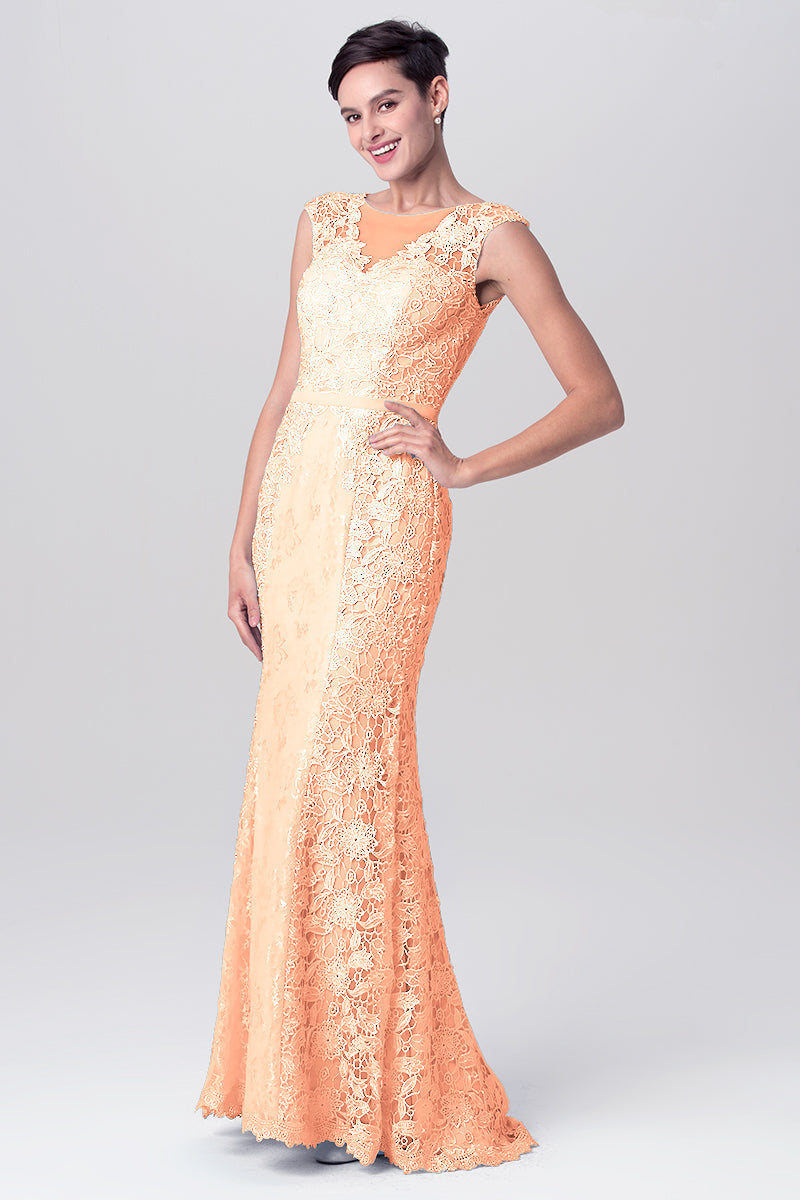 Lace Column Scoop Neck Sleeveless Bridesmaid Dress-MB0113115
