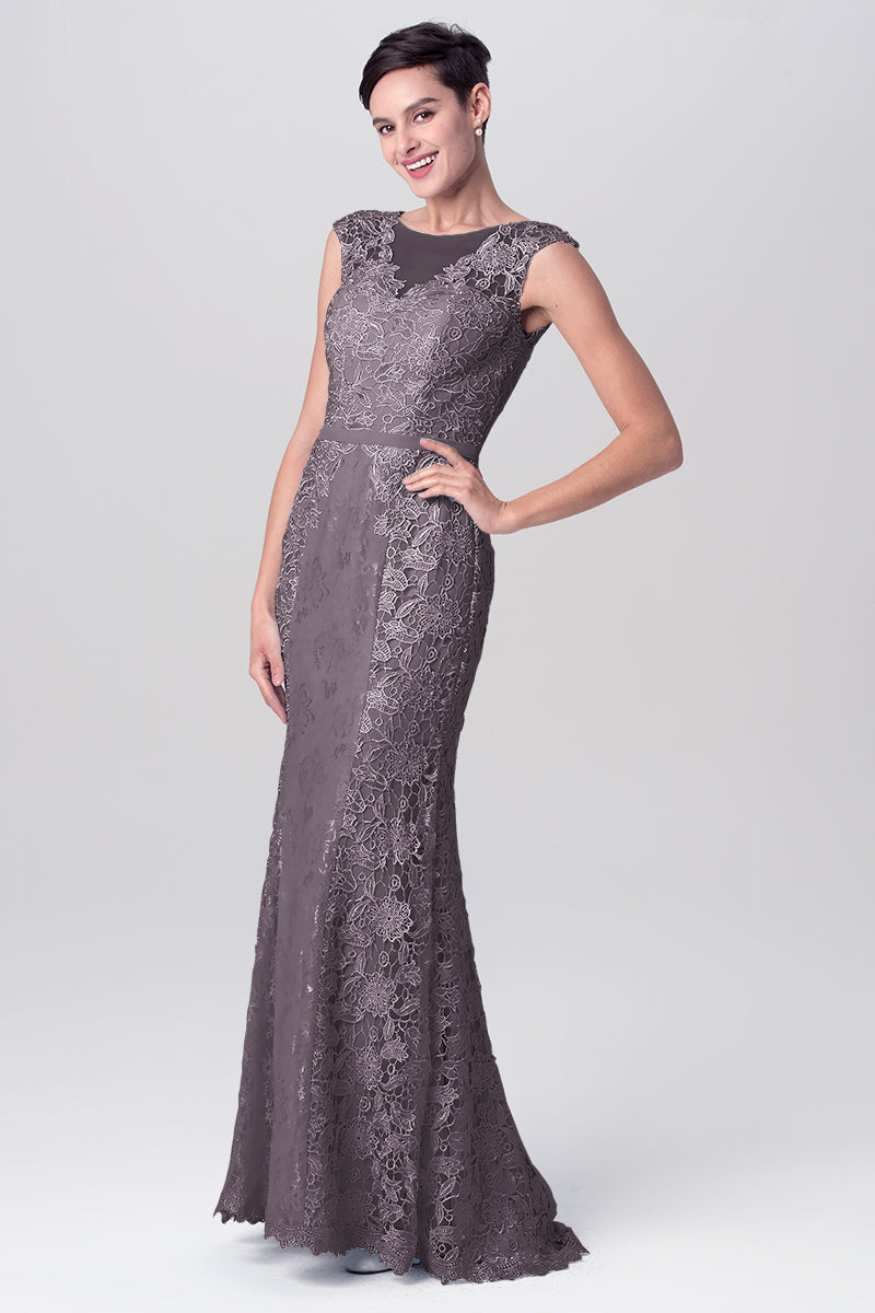 Lace Column Scoop Neck Sleeveless Bridesmaid Dress-MB0113115