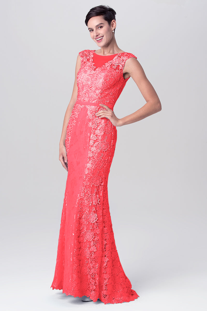 Lace Column Scoop Neck Sleeveless Bridesmaid Dress-MB0113115