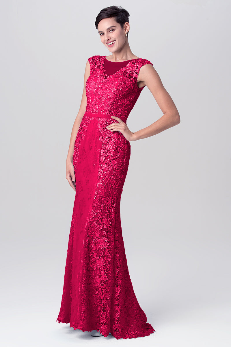 Lace Column Scoop Neck Sleeveless Bridesmaid Dress-MB0113115