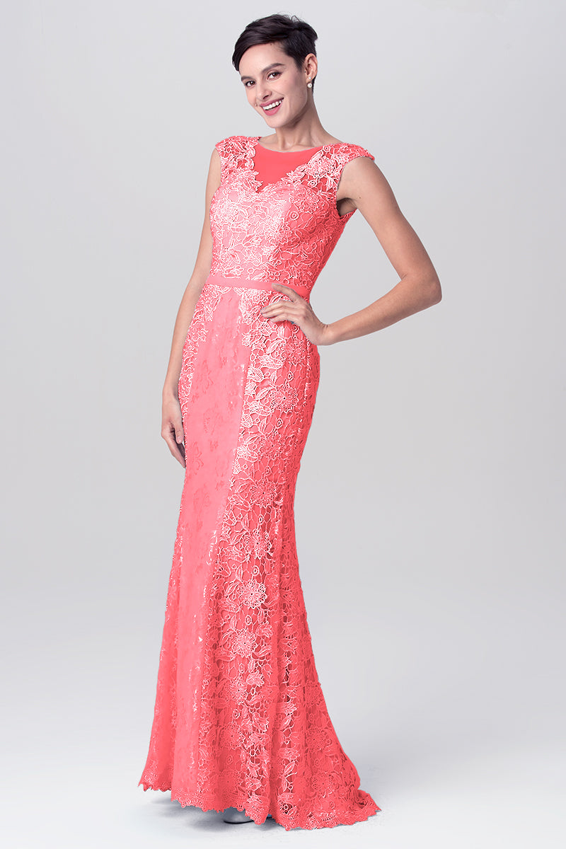 Lace Column Scoop Neck Sleeveless Bridesmaid Dress-MB0113115