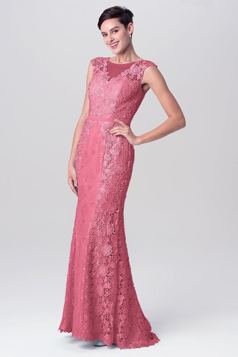 Lace Column Scoop Neck Sleeveless Bridesmaid Dress-MB0113115