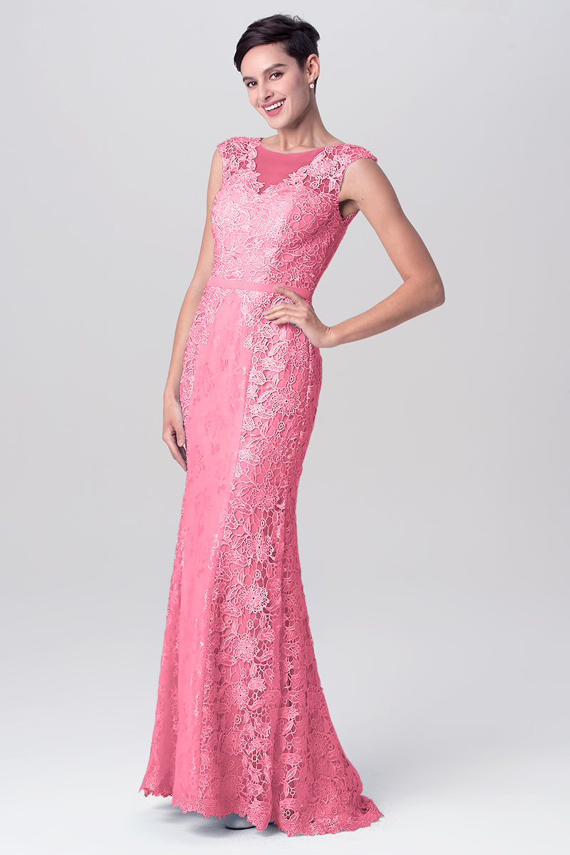 Lace Column Scoop Neck Sleeveless Bridesmaid Dress-MB0113115
