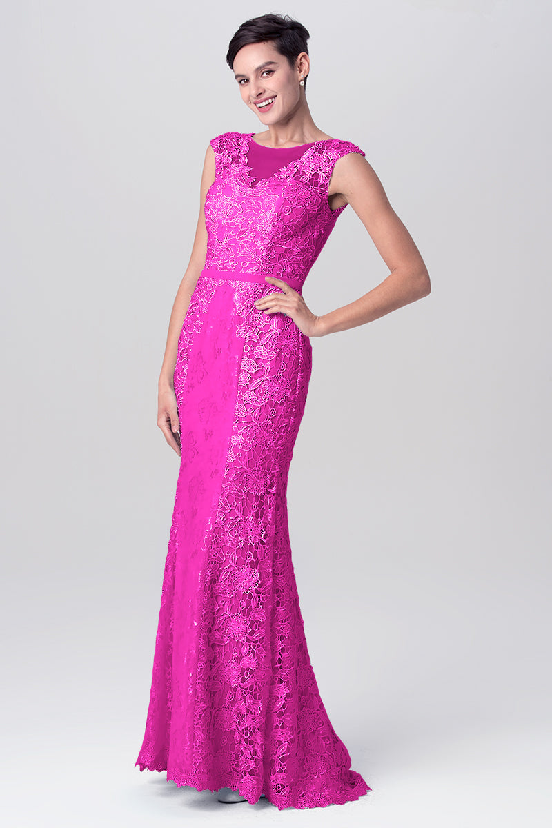 Lace Column Scoop Neck Sleeveless Bridesmaid Dress-MB0113115
