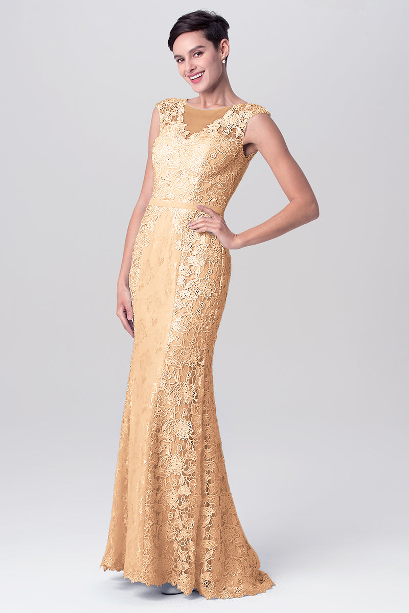 Lace Column Scoop Neck Sleeveless Bridesmaid Dress-MB0113115