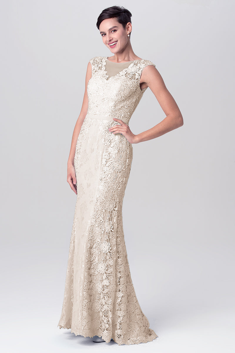 Lace Column Scoop Neck Sleeveless Bridesmaid Dress-MB0113115