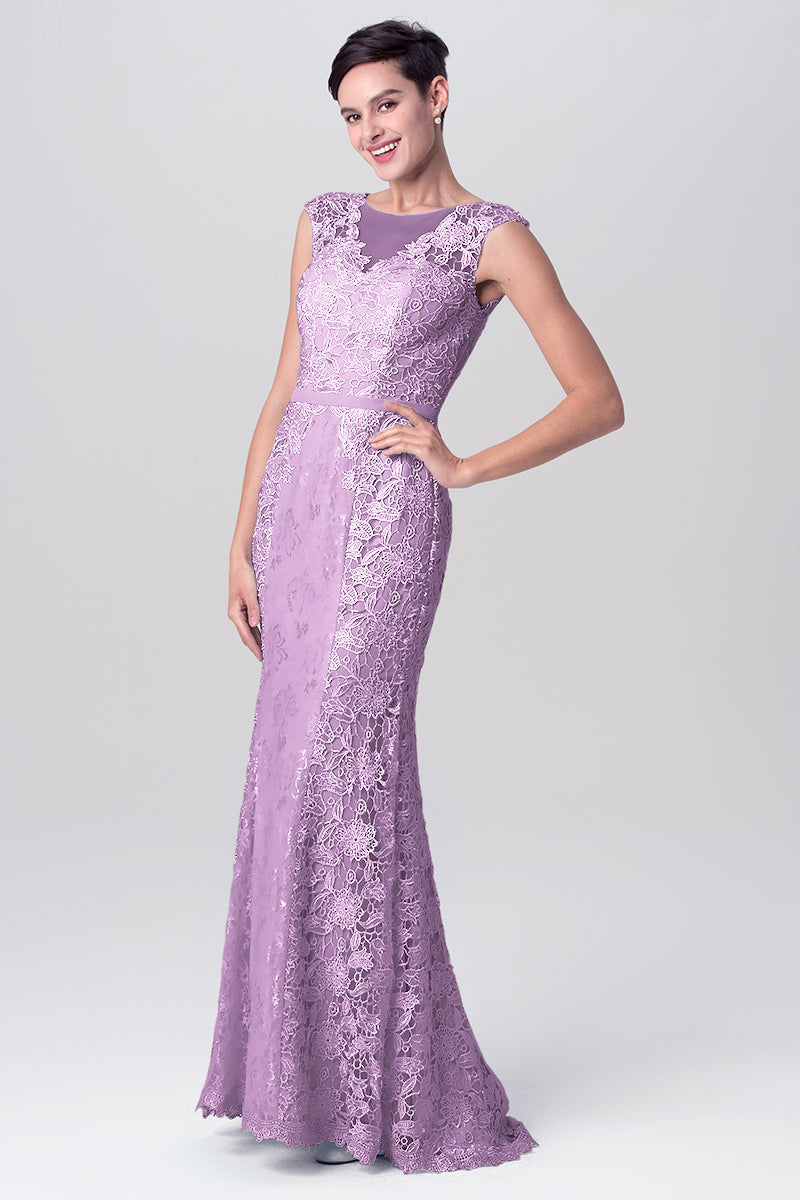 Lace Column Scoop Neck Sleeveless Bridesmaid Dress-MB0113115