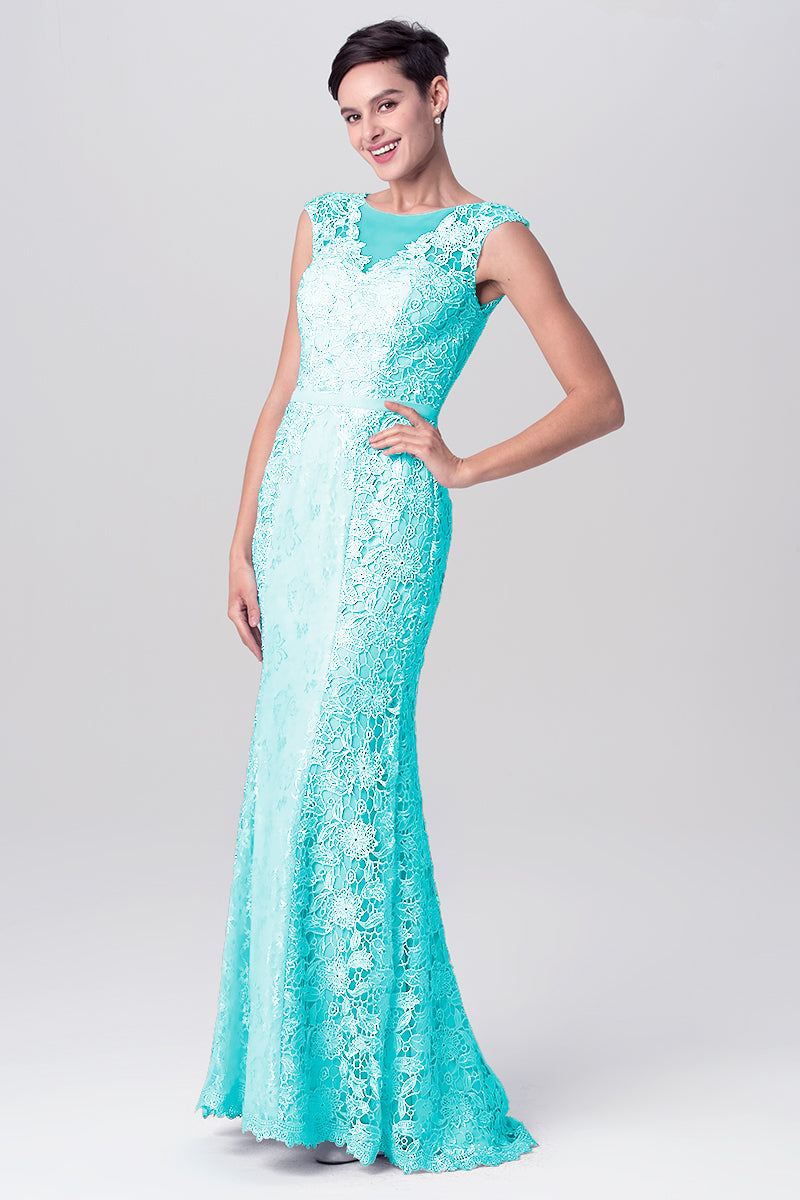 Lace Column Scoop Neck Sleeveless Bridesmaid Dress-MB0113115