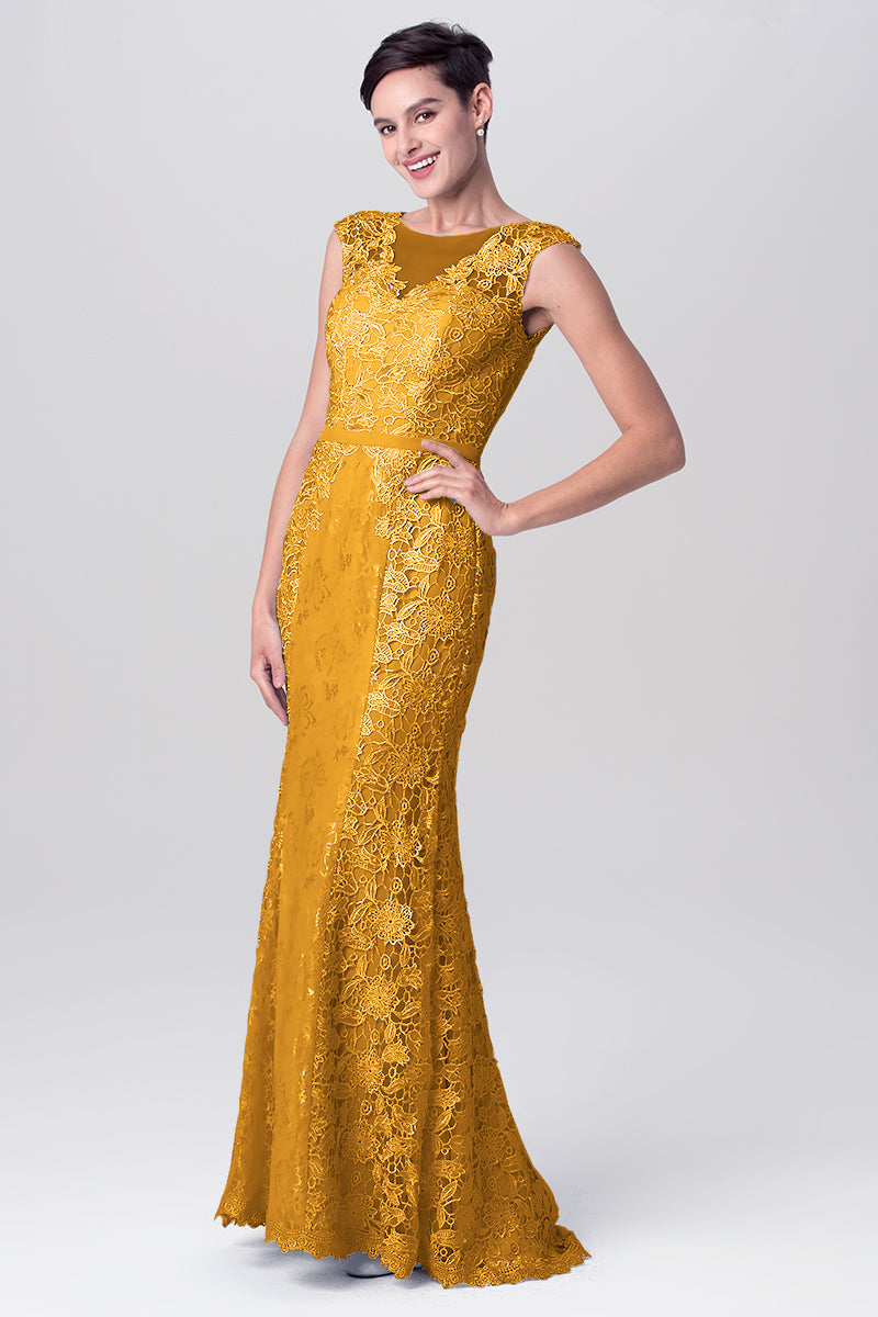 Lace Column Scoop Neck Sleeveless Bridesmaid Dress-MB0113115