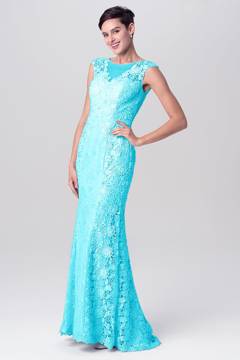 Lace Column Scoop Neck Sleeveless Bridesmaid Dress-MB0113115