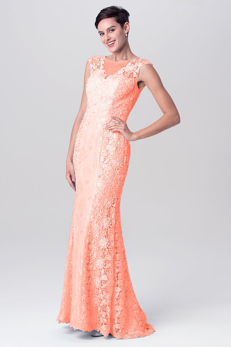 Lace Column Scoop Neck Sleeveless Bridesmaid Dress-MB0113115