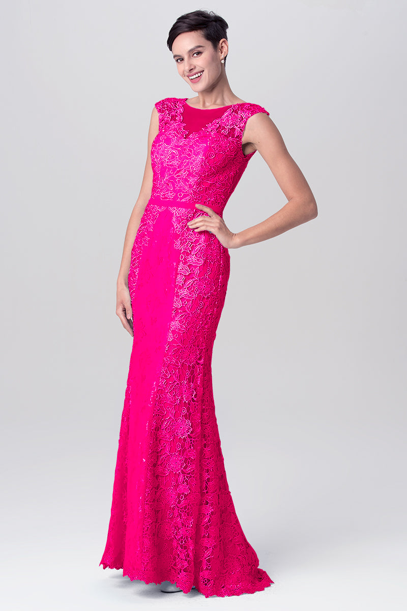 Lace Column Scoop Neck Sleeveless Bridesmaid Dress-MB0113115