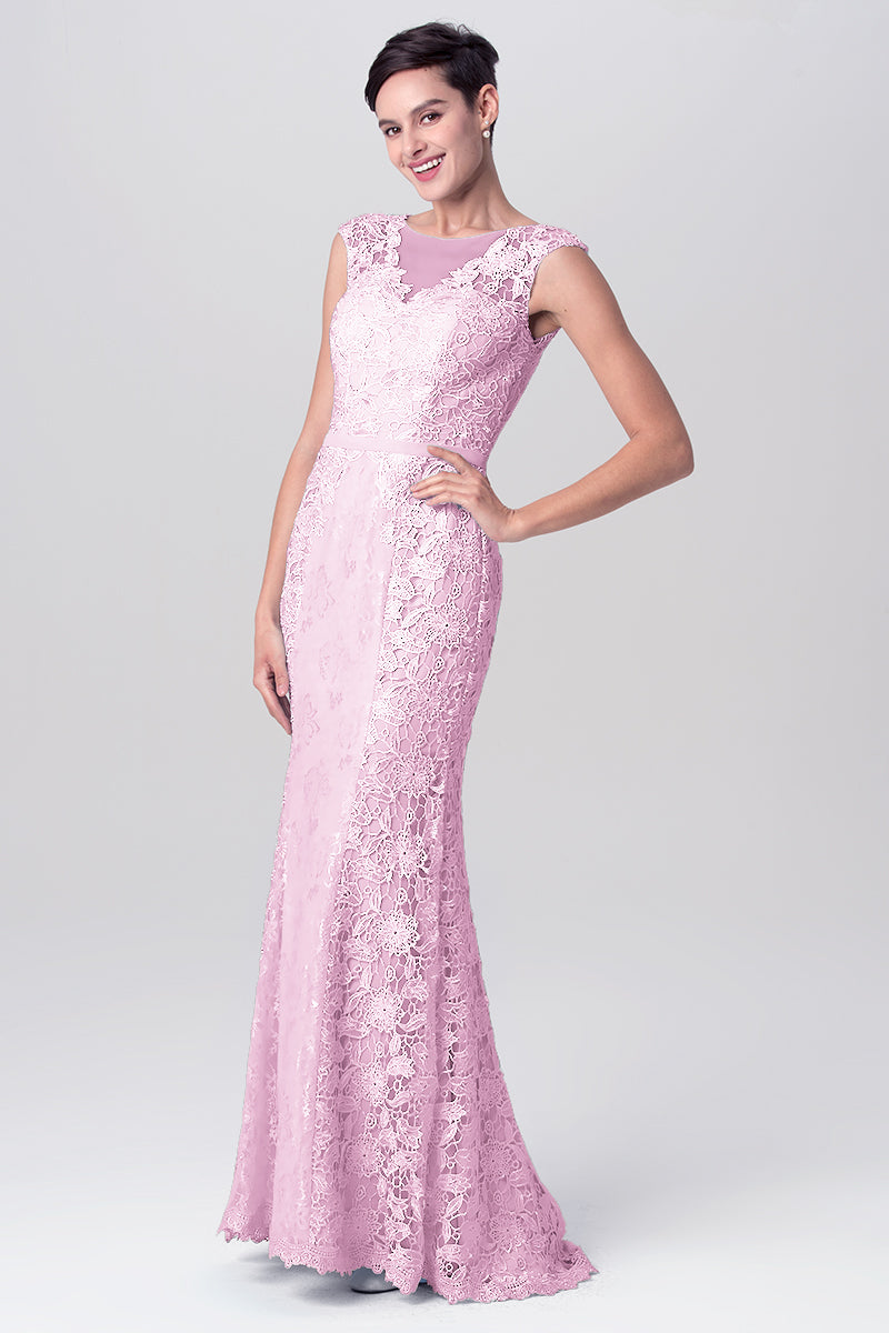Lace Column Scoop Neck Sleeveless Bridesmaid Dress-MB0113115