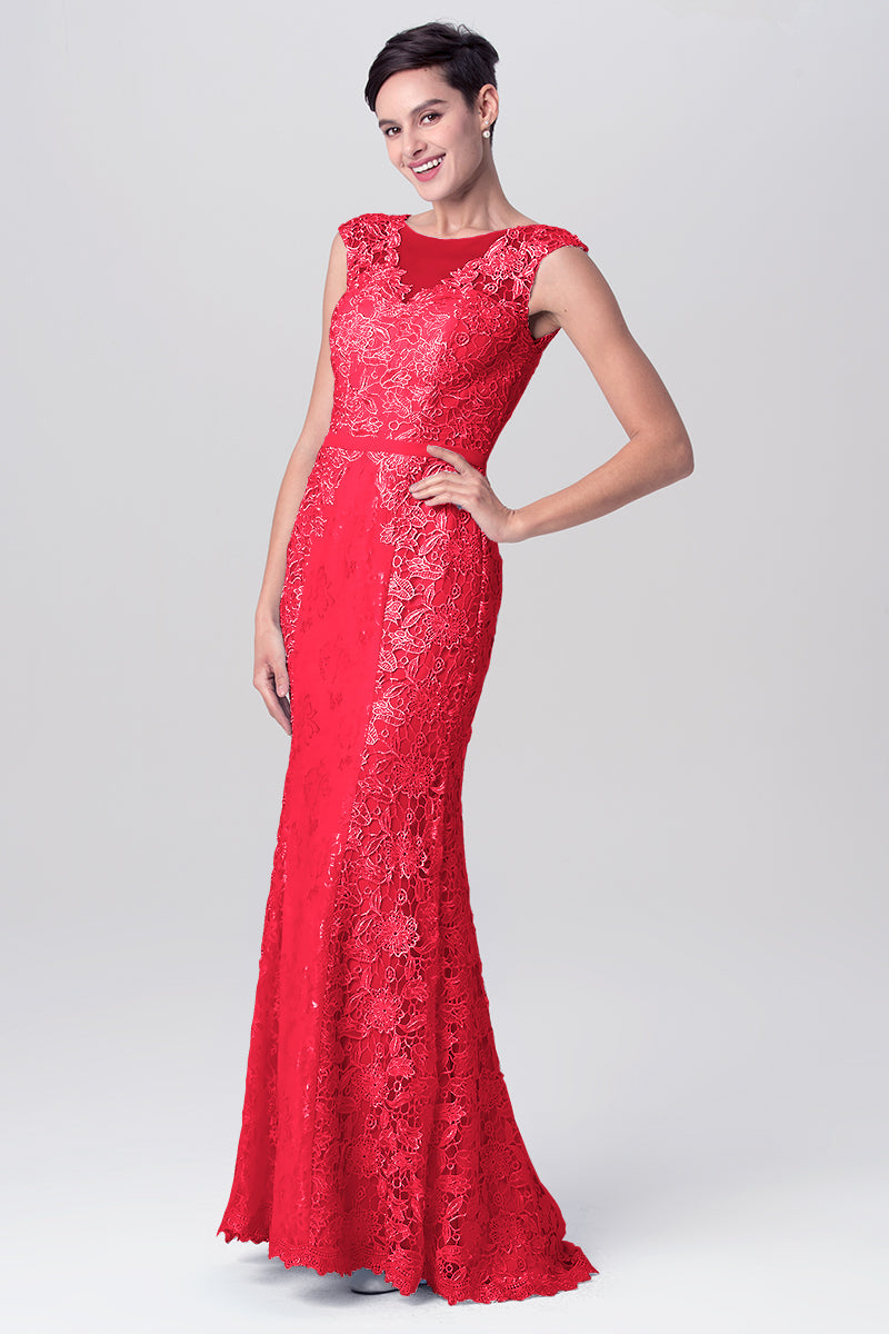 Lace Column Scoop Neck Sleeveless Bridesmaid Dress-MB0113115