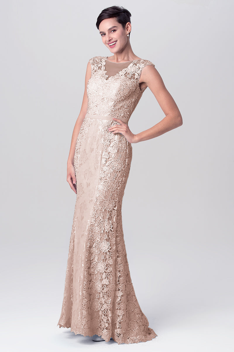Lace Column Scoop Neck Sleeveless Bridesmaid Dress-MB0113115