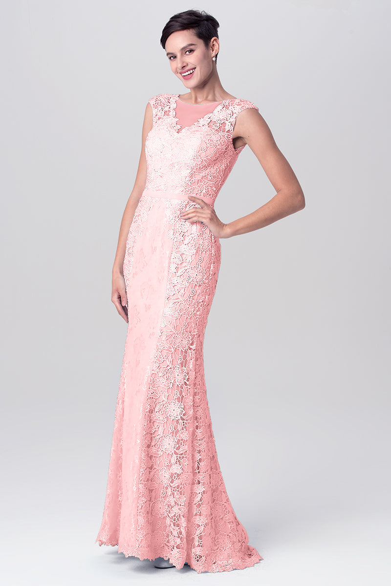 Lace Column Scoop Neck Sleeveless Bridesmaid Dress-MB0113115