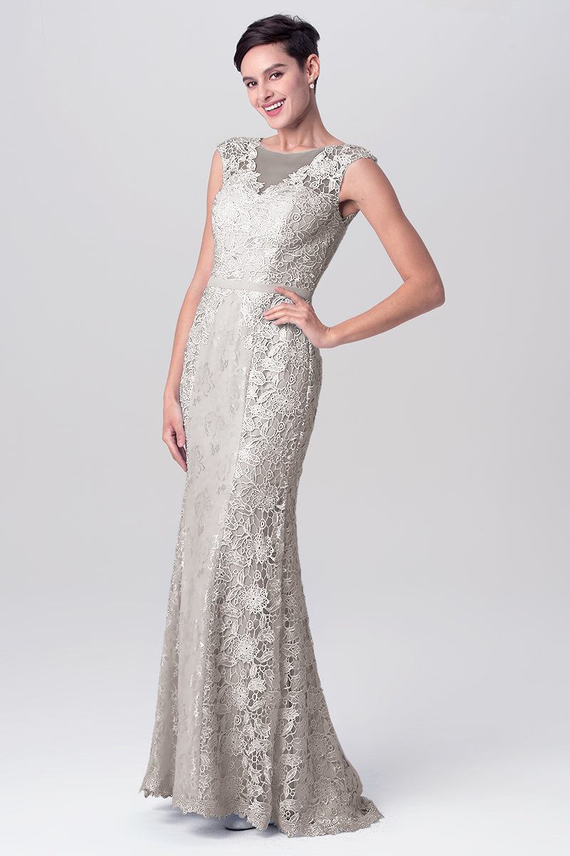 Lace Column Scoop Neck Sleeveless Bridesmaid Dress-MB0113115