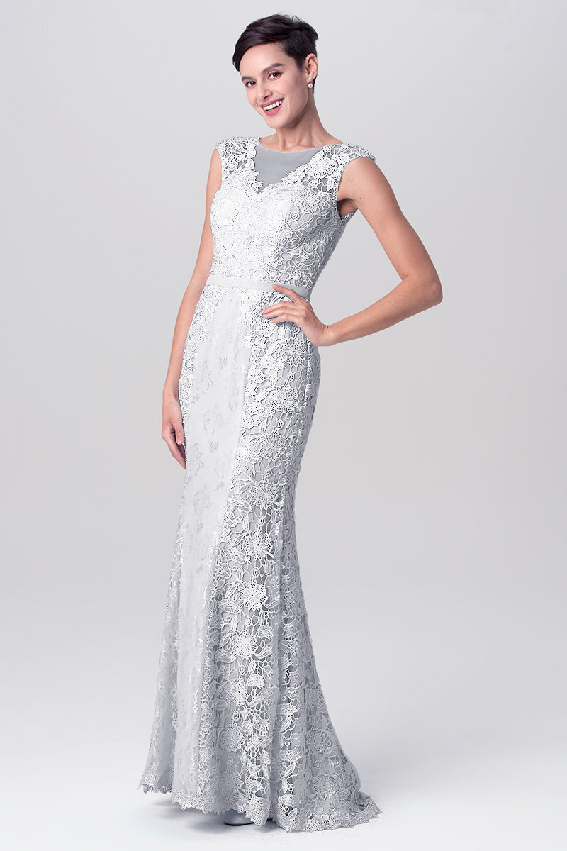 Lace Column Scoop Neck Sleeveless Bridesmaid Dress-MB0113115