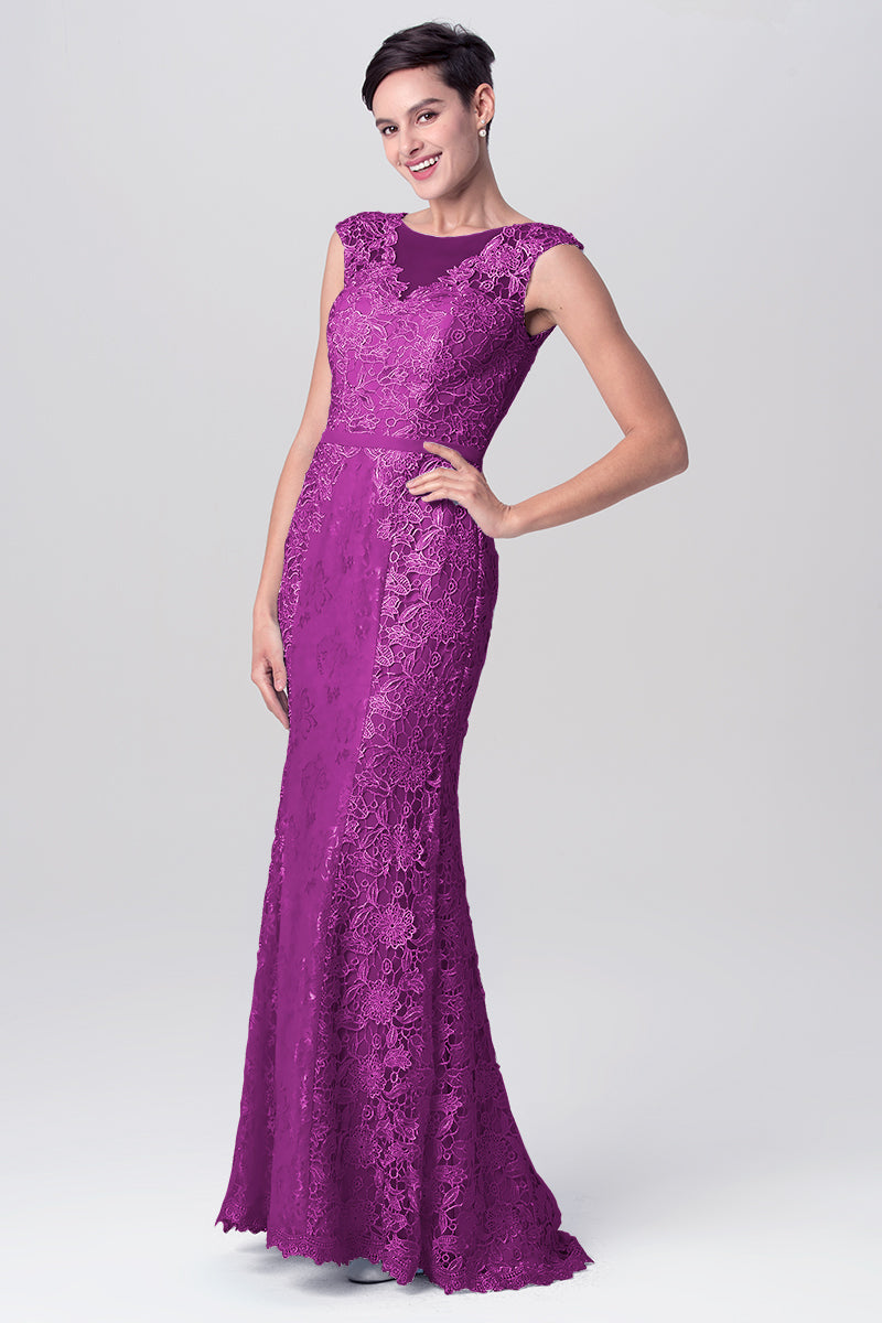 Lace Column Scoop Neck Sleeveless Bridesmaid Dress-MB0113115