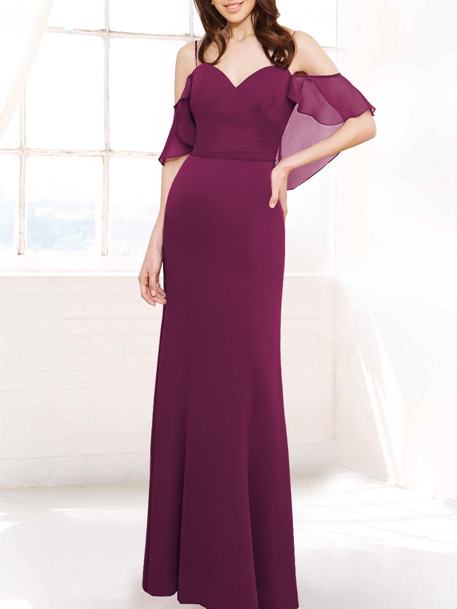 Chiffon Column Off the Shoulder Sleeveless Bridesmaid Dress-MB50112