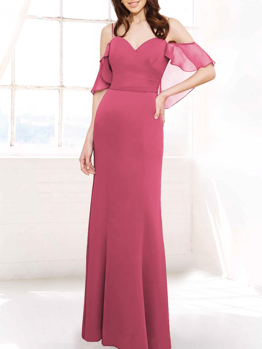 Chiffon Column Off the Shoulder Sleeveless Bridesmaid Dress-MB50112