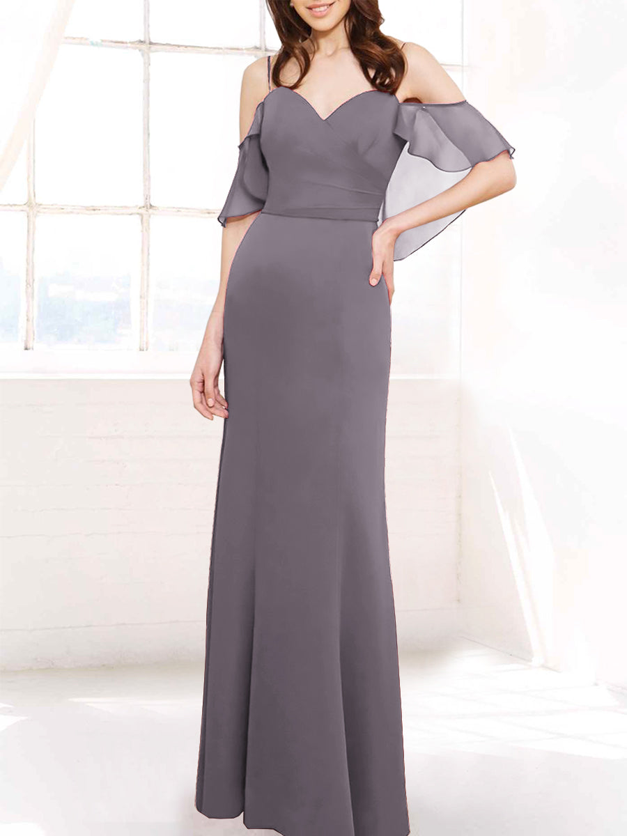Chiffon Column Off the Shoulder Sleeveless Bridesmaid Dress-MB50112