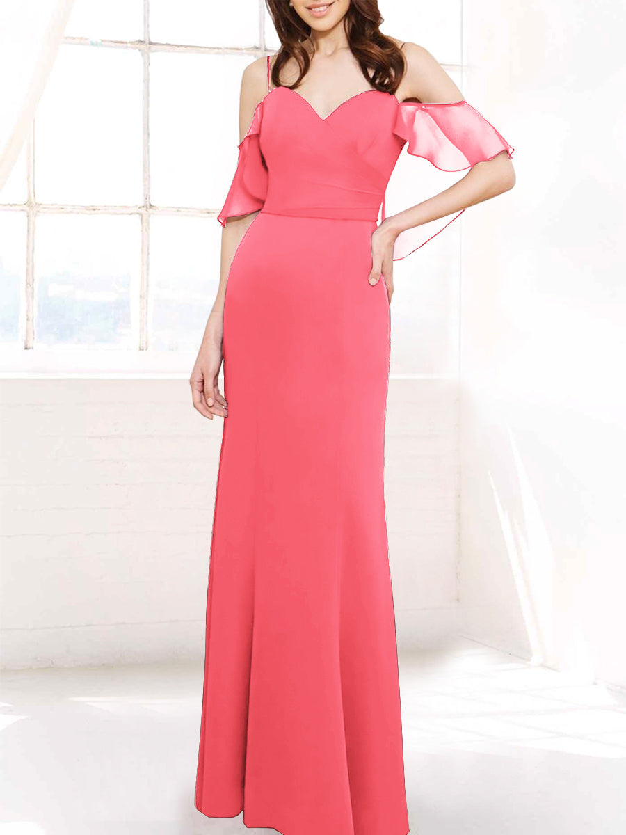 Chiffon Column Off the Shoulder Sleeveless Bridesmaid Dress-MB50112