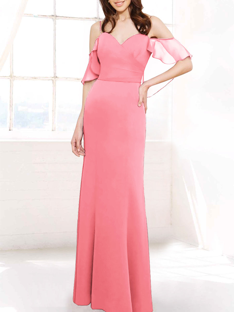 Chiffon Column Off the Shoulder Sleeveless Bridesmaid Dress-MB50112