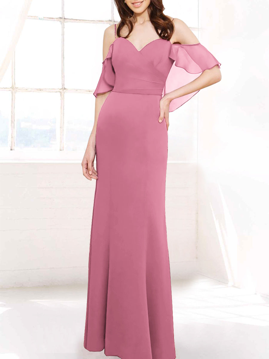 Chiffon Column Off the Shoulder Sleeveless Bridesmaid Dress-MB50112