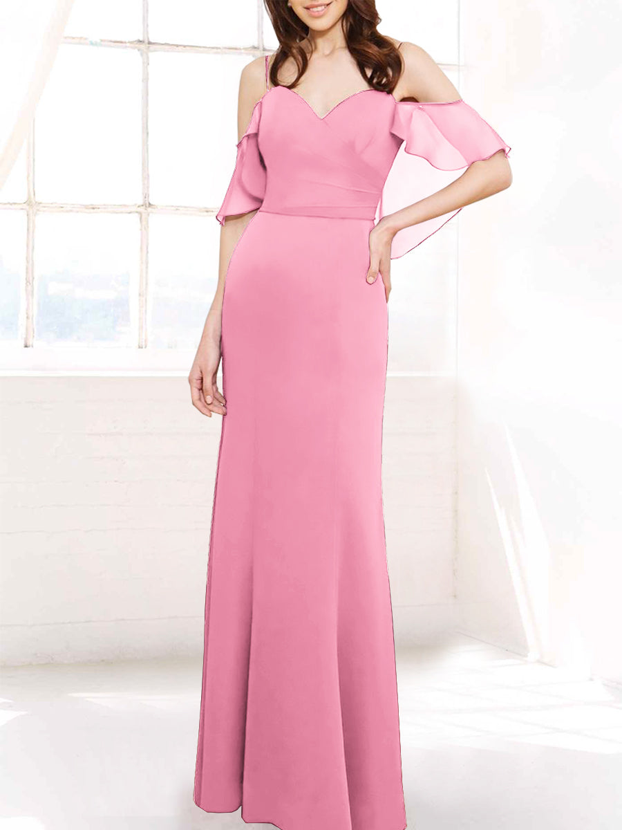 Chiffon Column Off the Shoulder Sleeveless Bridesmaid Dress-MB50112