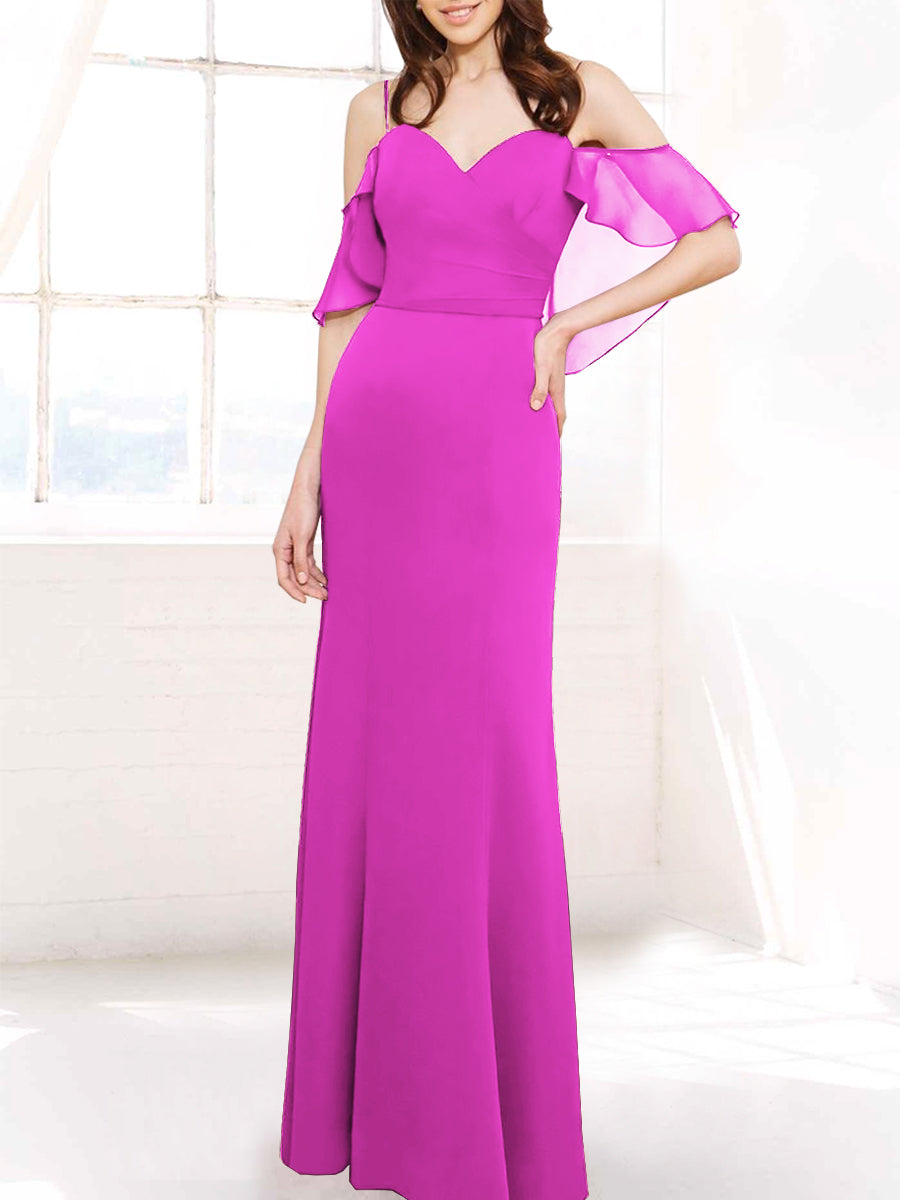 Chiffon Column Off the Shoulder Sleeveless Bridesmaid Dress-MB50112