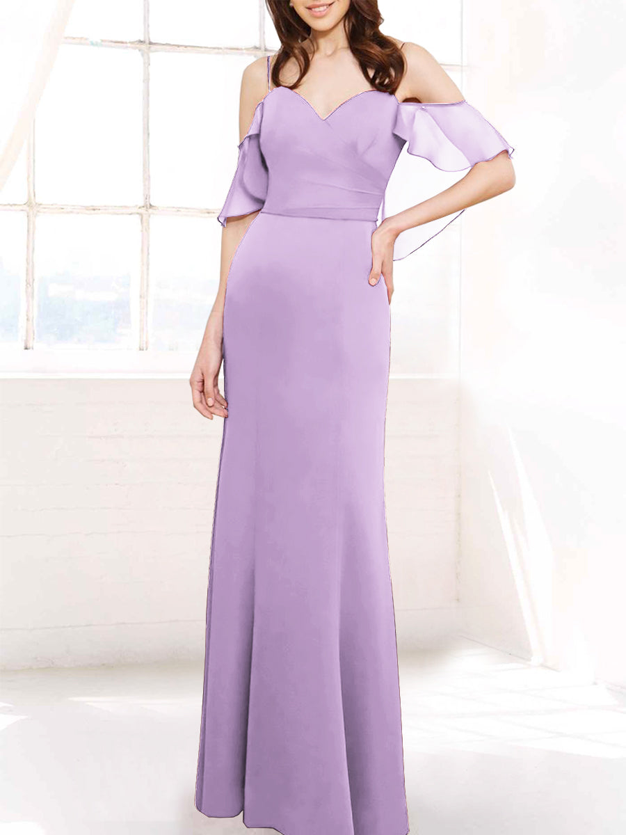 Chiffon Column Off the Shoulder Sleeveless Bridesmaid Dress-MB50112
