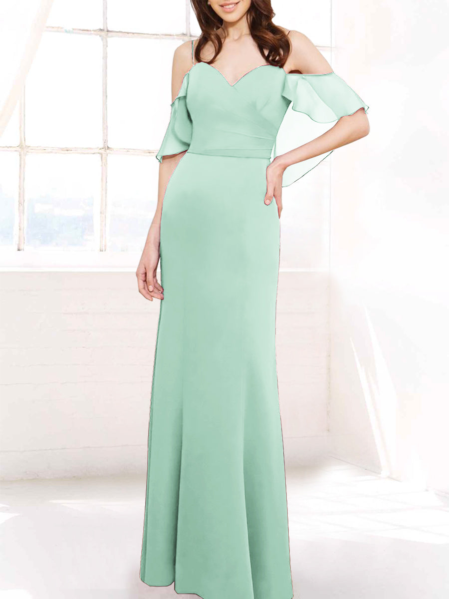 Chiffon Column Off the Shoulder Sleeveless Bridesmaid Dress-MB50112