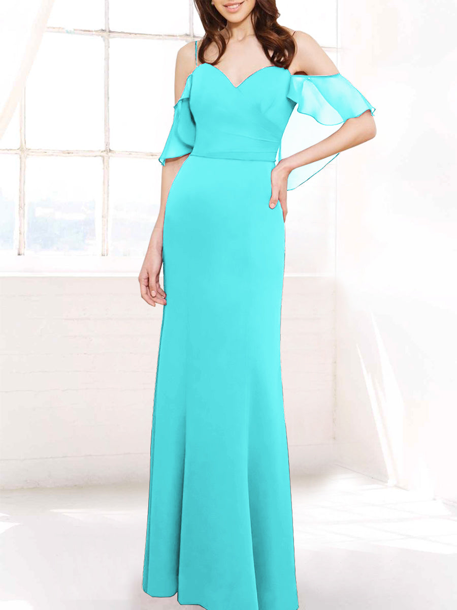 Chiffon Column Off the Shoulder Sleeveless Bridesmaid Dress-MB50112