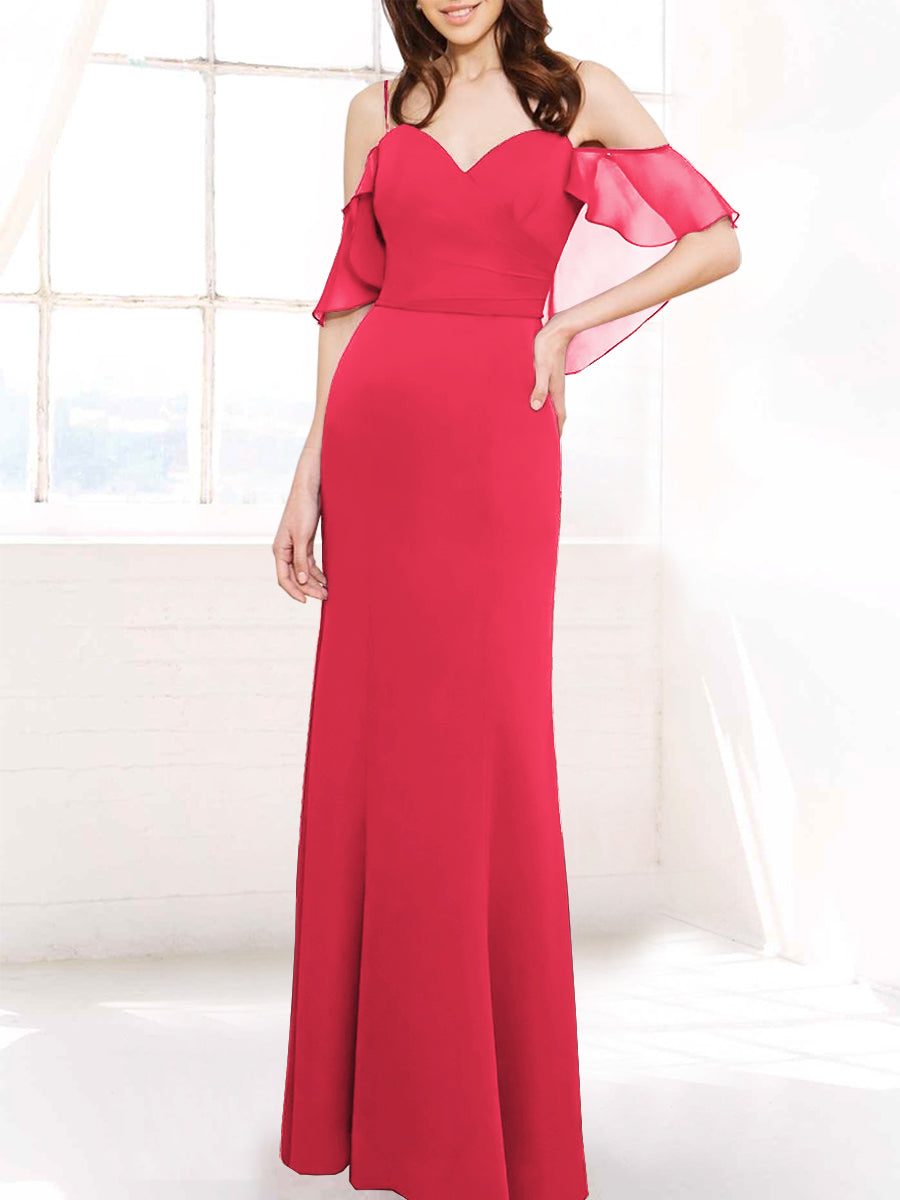 Chiffon Column Off the Shoulder Sleeveless Bridesmaid Dress-MB50112