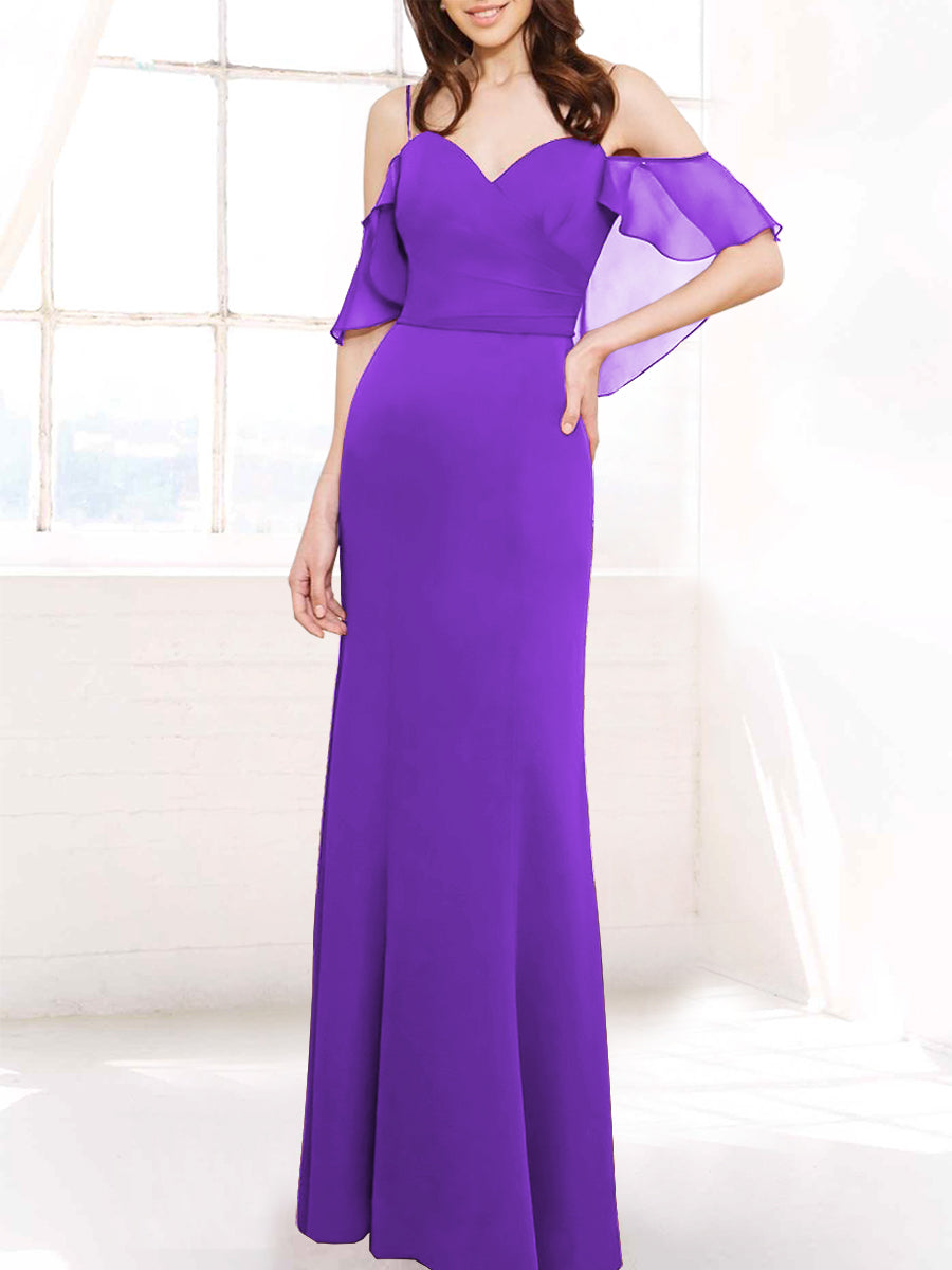 Chiffon Column Off the Shoulder Sleeveless Bridesmaid Dress-MB50112