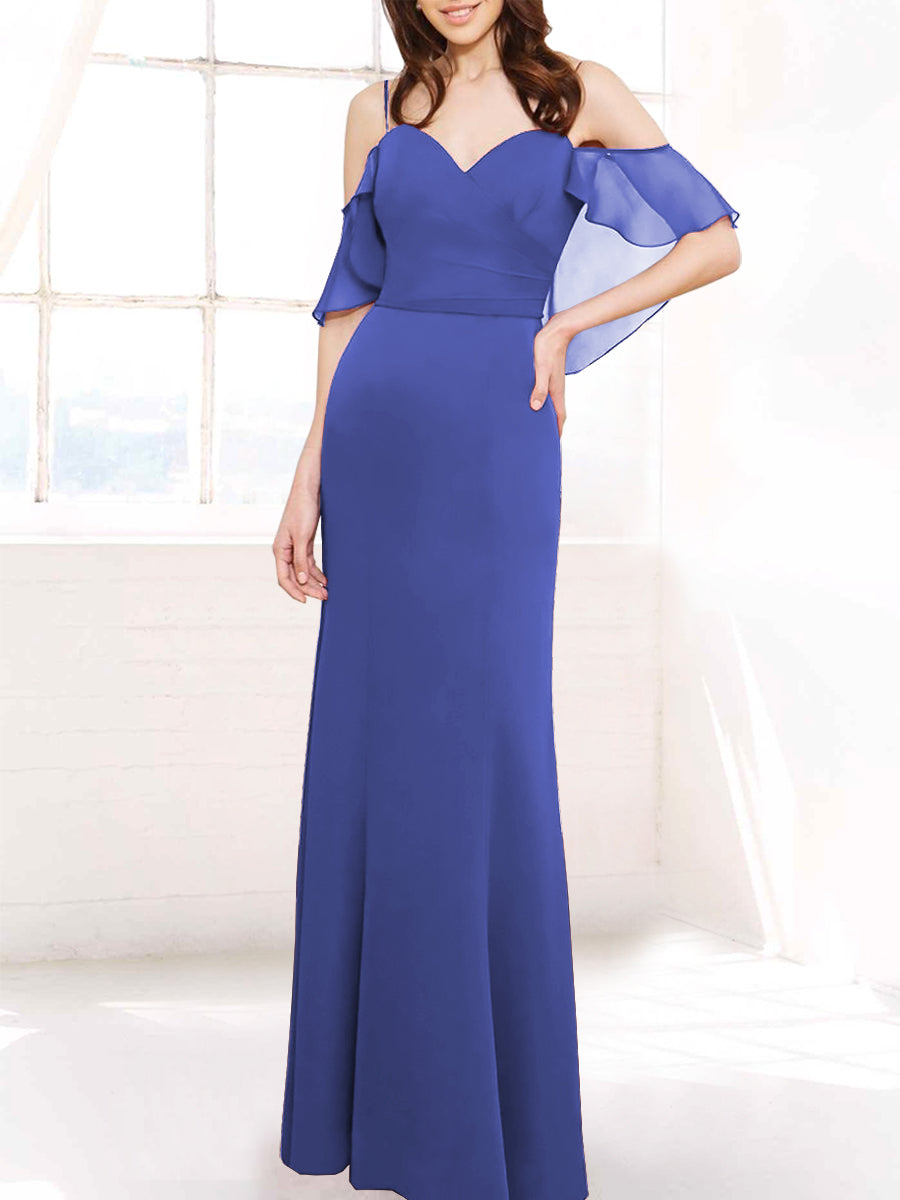 Chiffon Column Off the Shoulder Sleeveless Bridesmaid Dress-MB50112