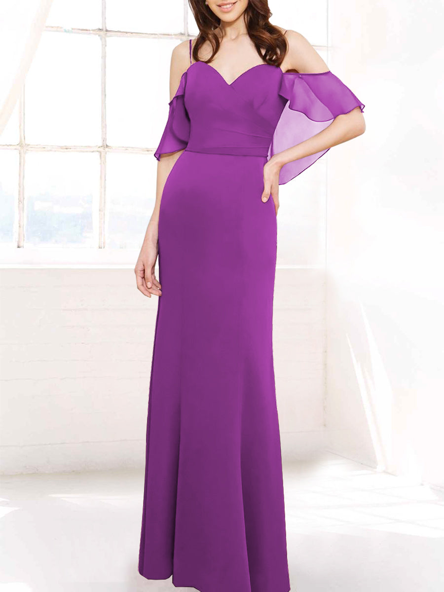 Chiffon Column Off the Shoulder Sleeveless Bridesmaid Dress-MB50112