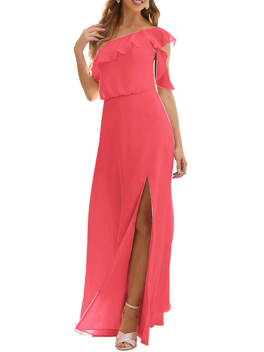 Chiffon Column One Shoulder Short Sleeves Bridesmaid Dress-MB53622