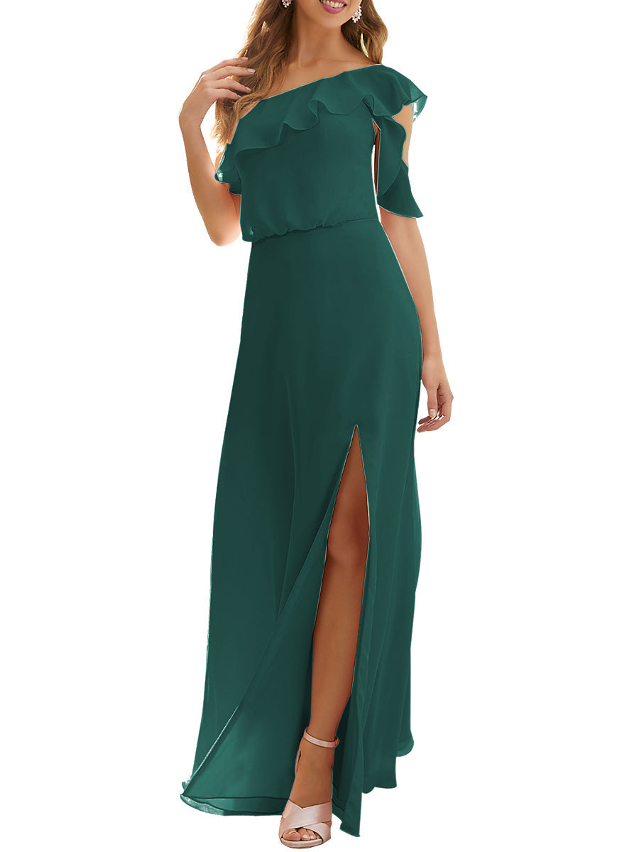 Chiffon Column One Shoulder Short Sleeves Bridesmaid Dress-MB53622